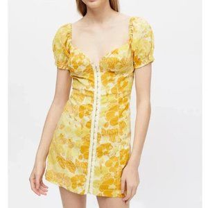 Urban Outfitters | UO Britney Puff Sleeve Hook and Eye Mini Dress Yellow Retro